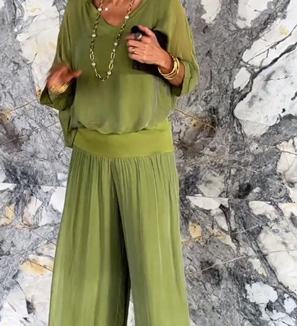 ESMERALDA – SET DIN DOUĂ PIESE CU PANTALONI LARGI DIN CHIFFON ELEGANT