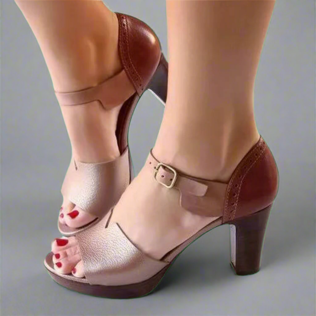 Katharina | Sandale Premium cu Toc în Stil Coreean cu Blocuri de Culoare și Cataramă