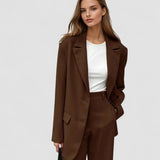 Blazer vintage mocha coordonat și pantaloni cu picioare largi