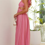 Ava – Rochie Midi Damă Roz cu Mâneci Puff și Croi Fluid