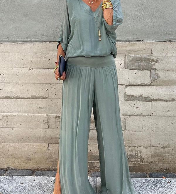 ESMERALDA – SET DIN DOUĂ PIESE CU PANTALONI LARGI DIN CHIFFON ELEGANT