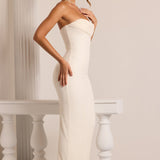 Yasmin – Rochie Maxi Elegantă cu Decolteu Drapat și Detalii Strălucitoare