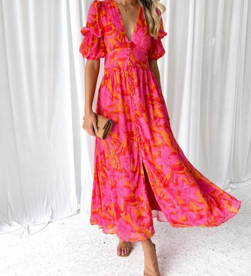 Barbara – Rochie Maxi Damă Roșie și Roz Elegantă Feminină