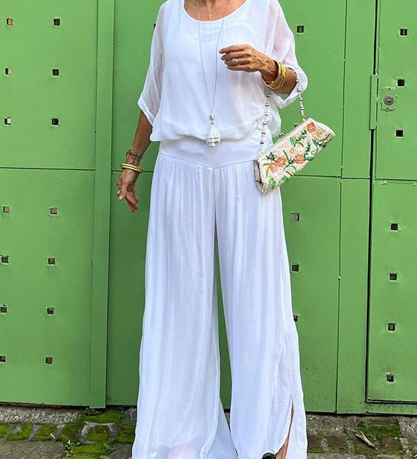 ESMERALDA – SET DIN DOUĂ PIESE CU PANTALONI LARGI DIN CHIFFON ELEGANT
