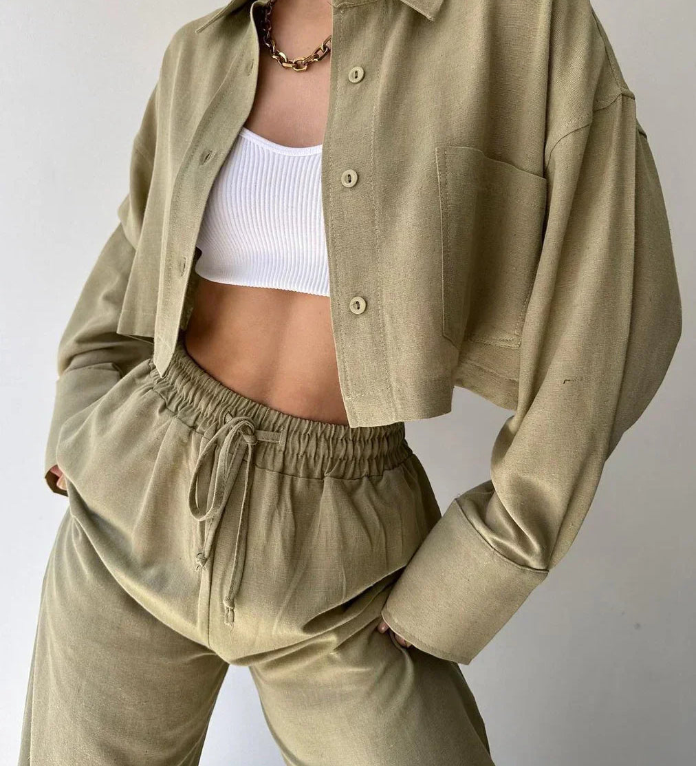 Set de pantaloni din două piese cu guler și șnur, casual