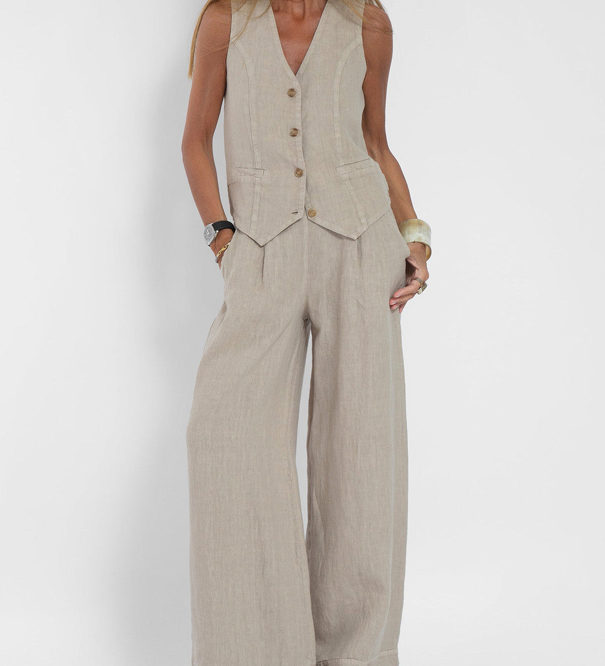 Jessica - Set Vestă cu Nasturi și Pantaloni Largi