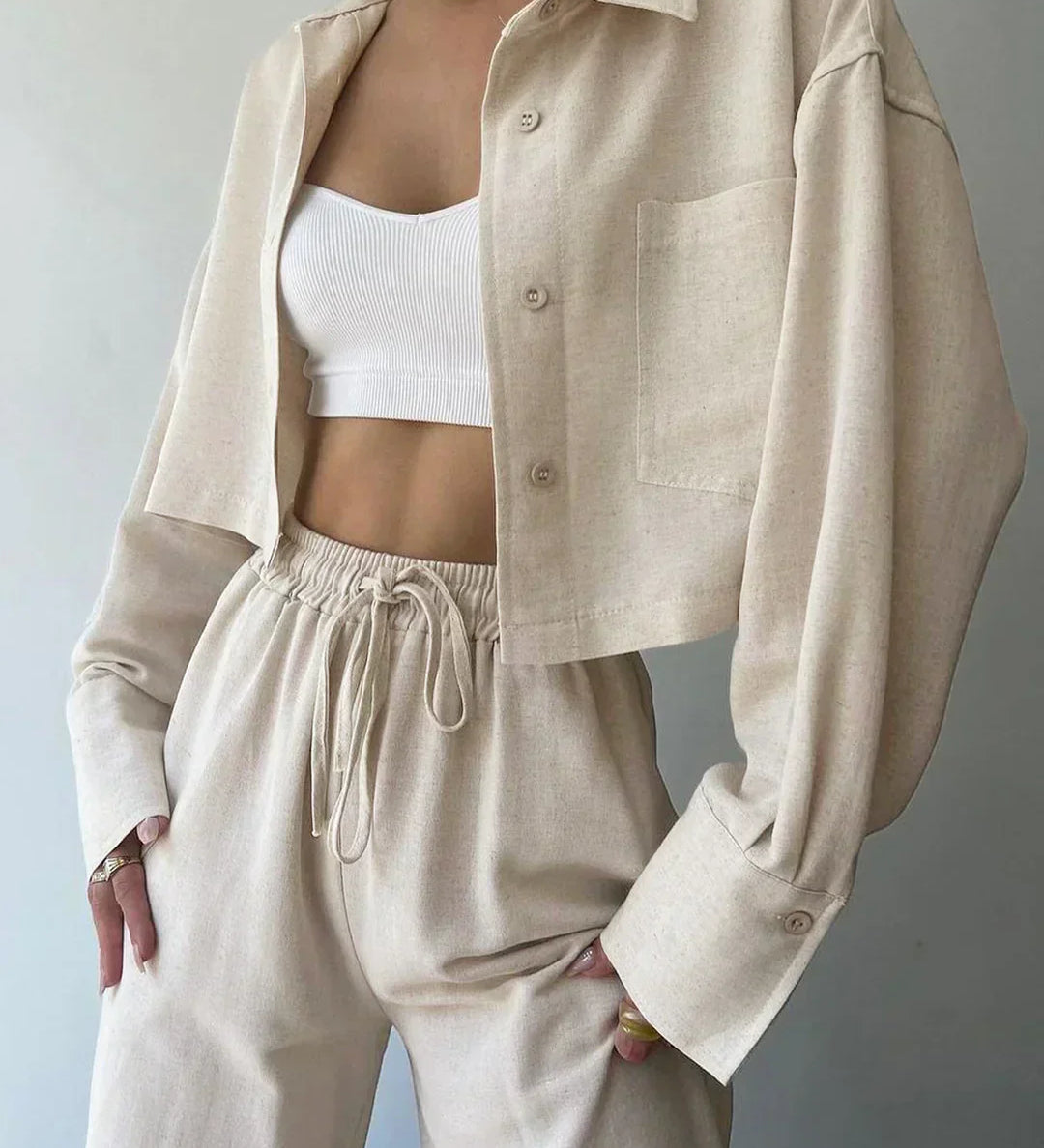 Set de pantaloni din două piese cu guler și șnur, casual