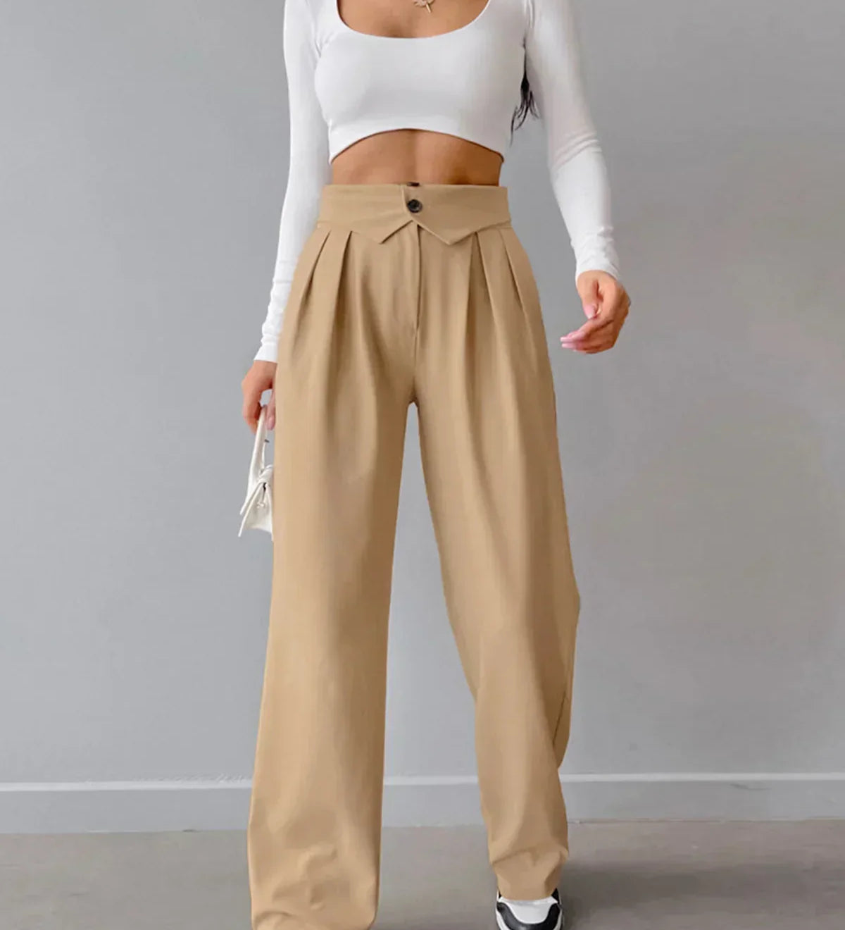 Pantaloni de birou cu talie înfășurată și picior drept