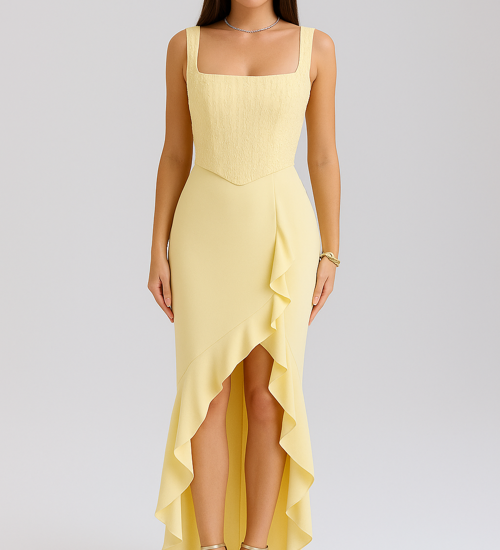 Bella – Rochie Midi de Damă din Satin cu Corset și Volane