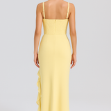 Bella – Rochie Midi de Damă din Satin cu Corset și Volane