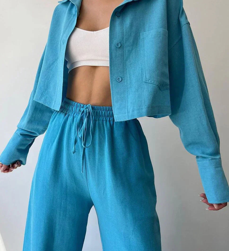 Set de pantaloni din două piese cu guler și șnur, casual