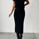 Set Asortat: Top Tricotat Gros și Fustă Midi Tricotată cu Talie Înaltă