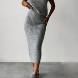 Set Asortat: Top Tricotat Gros și Fustă Midi Tricotată cu Talie Înaltă