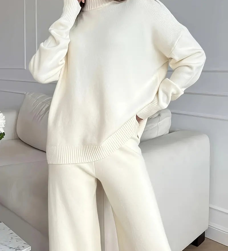 Set de tricot cu guler înalt de culoare solidă