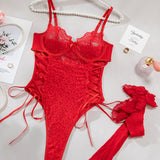 Christina™ | Body transparent din dantelă cu model floral și fundiță pe lateral