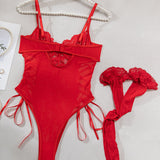 Christina™ | Body transparent din dantelă cu model floral și fundiță pe lateral