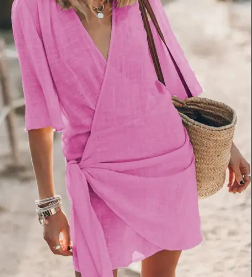 Angelin – Rochie de Damă din In cu Decolteu în V Elegantă de Vară