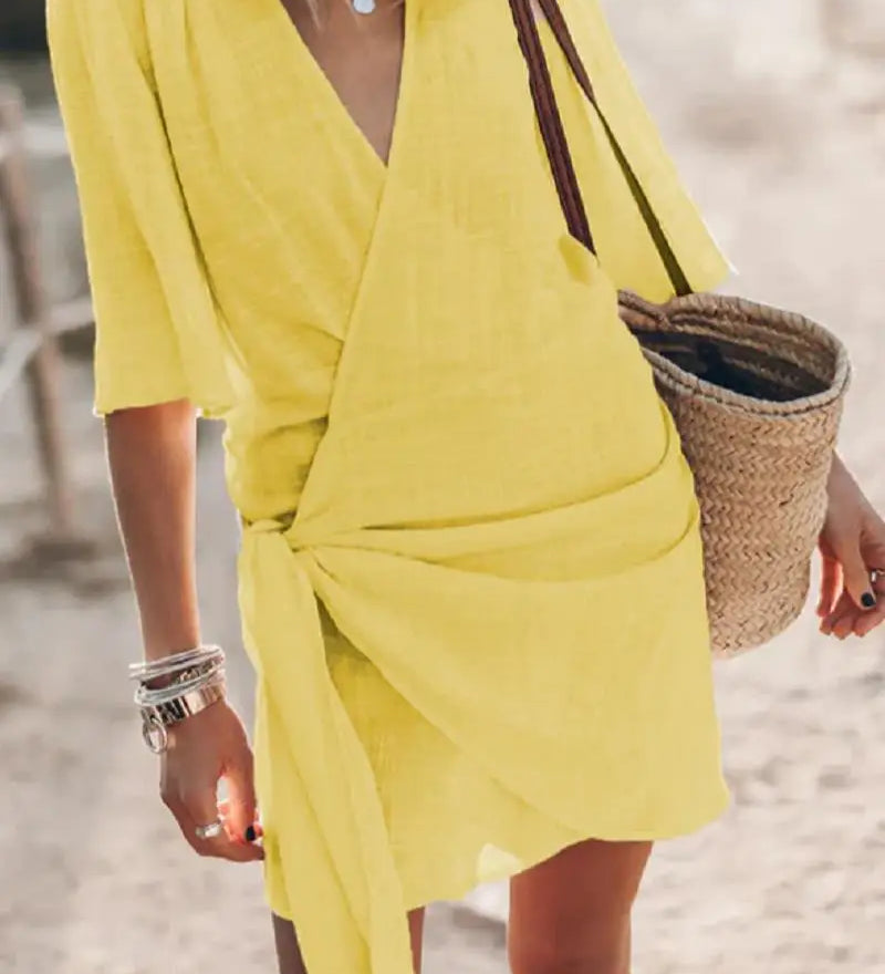 Angelin – Rochie de Damă din In cu Decolteu în V Elegantă de Vară