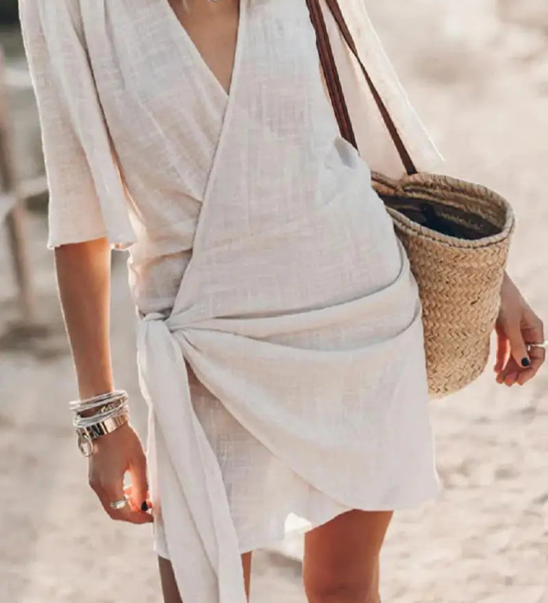 Angelin – Rochie de Damă din In cu Decolteu în V Elegantă de Vară