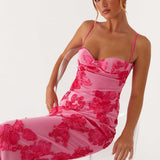 Soraya – Rochie Maxi de Damă Brodată Elegantă Roz