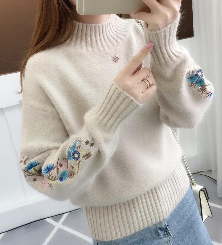 SASKIA | Pulover din bumbac gros tricotat cu broderie florală