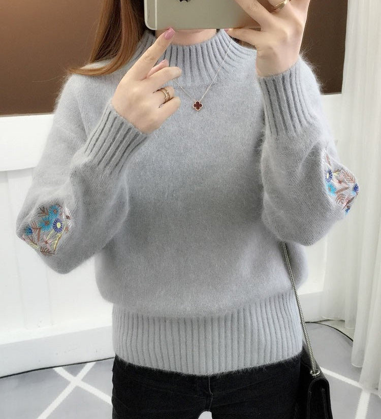 SASKIA | Pulover din bumbac gros tricotat cu broderie florală