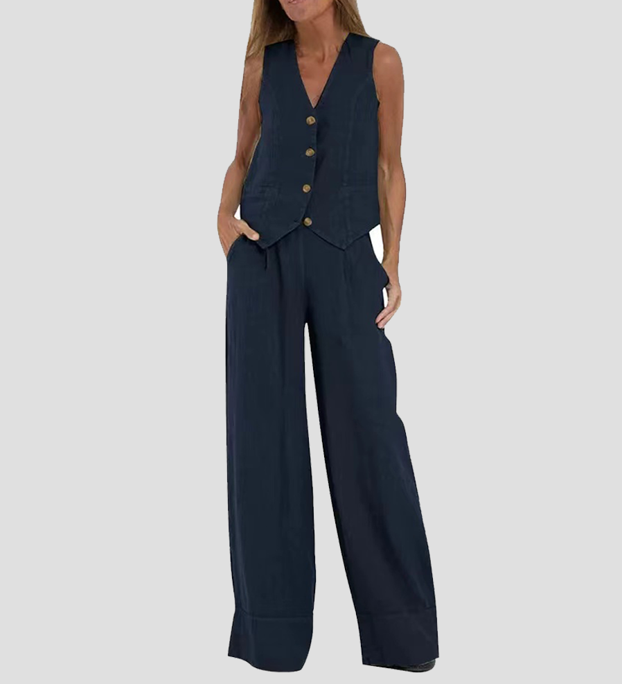 Jessica - Set Vestă cu Nasturi și Pantaloni Largi