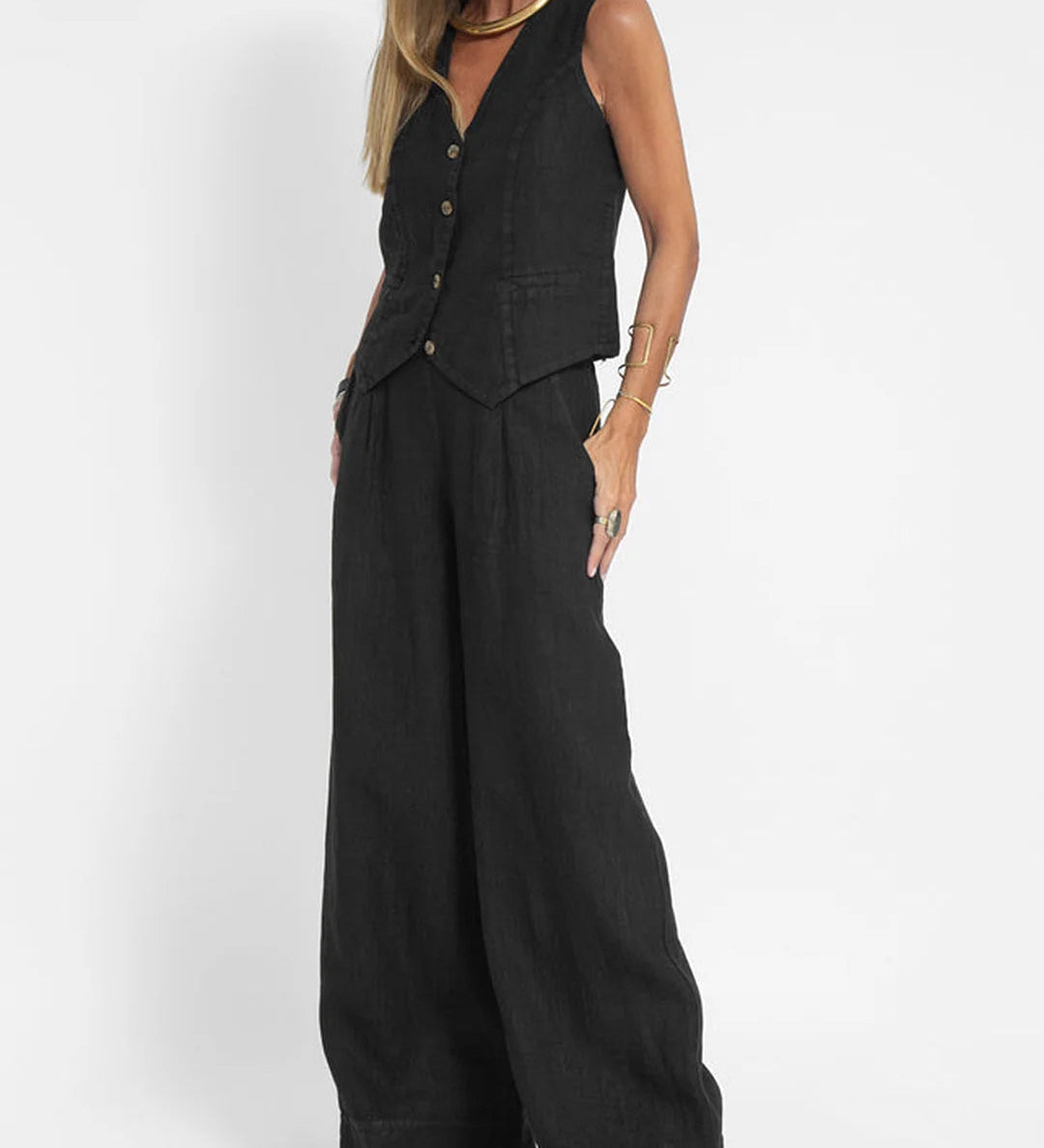 Jessica - Set Vestă cu Nasturi și Pantaloni Largi