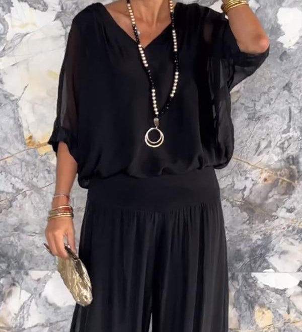 ESMERALDA – SET DIN DOUĂ PIESE CU PANTALONI LARGI DIN CHIFFON ELEGANT