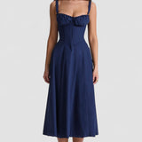 Vivienne – Rochie Midi de Damă cu Corset Romantic Bleumarin