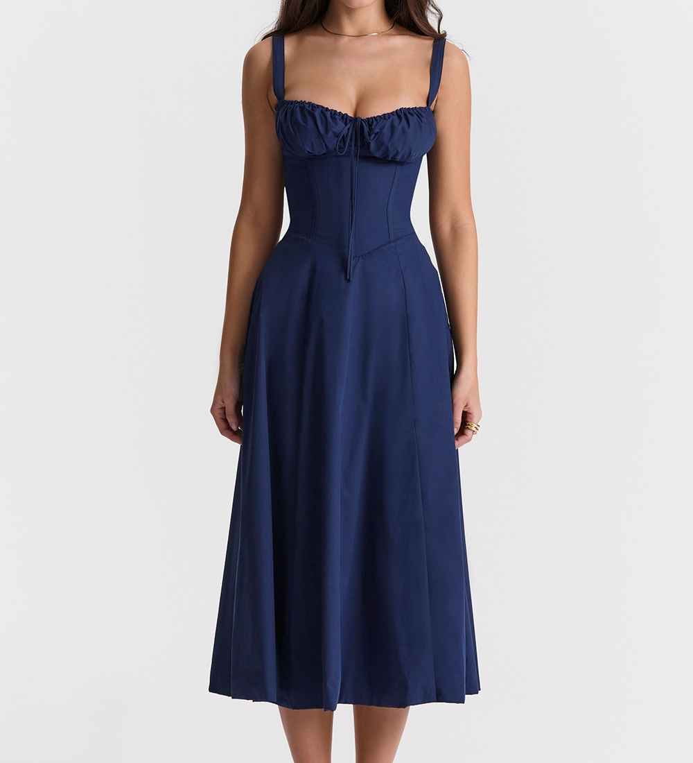 Vivienne – Rochie Midi de Damă cu Corset Romantic Bleumarin