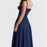 Vivienne – Rochie Midi de Damă cu Corset Romantic Bleumarin