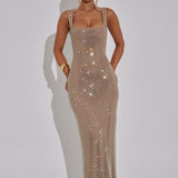 Sariel – Rochie Maxi Strălucitoare Bodycon cu Decolteu Pătrat