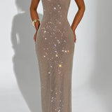 Sariel – Rochie Maxi Strălucitoare Bodycon cu Decolteu Pătrat