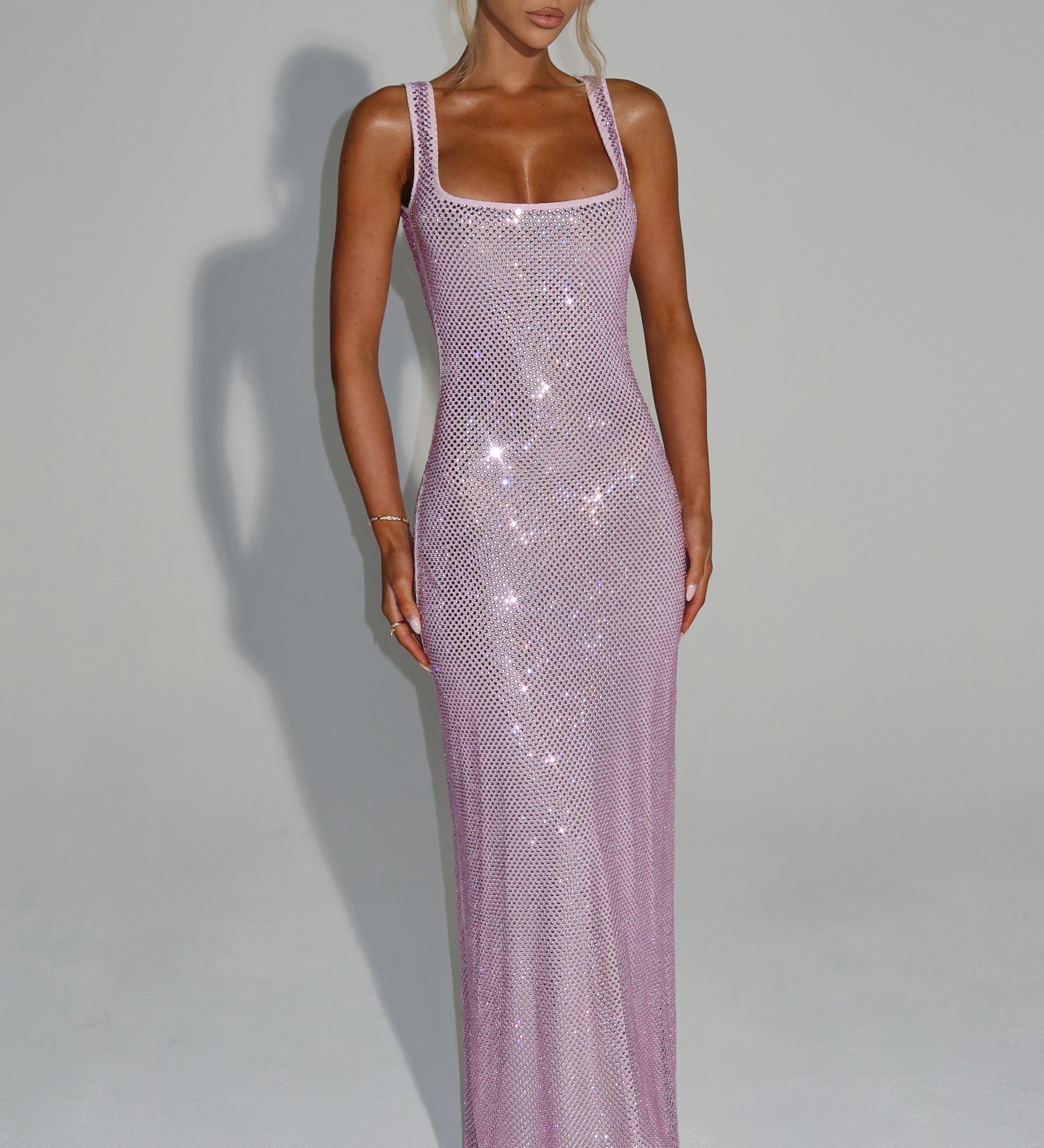 Sariel – Rochie Maxi Strălucitoare Bodycon cu Decolteu Pătrat