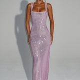 Sariel – Rochie Maxi Strălucitoare Bodycon cu Decolteu Pătrat