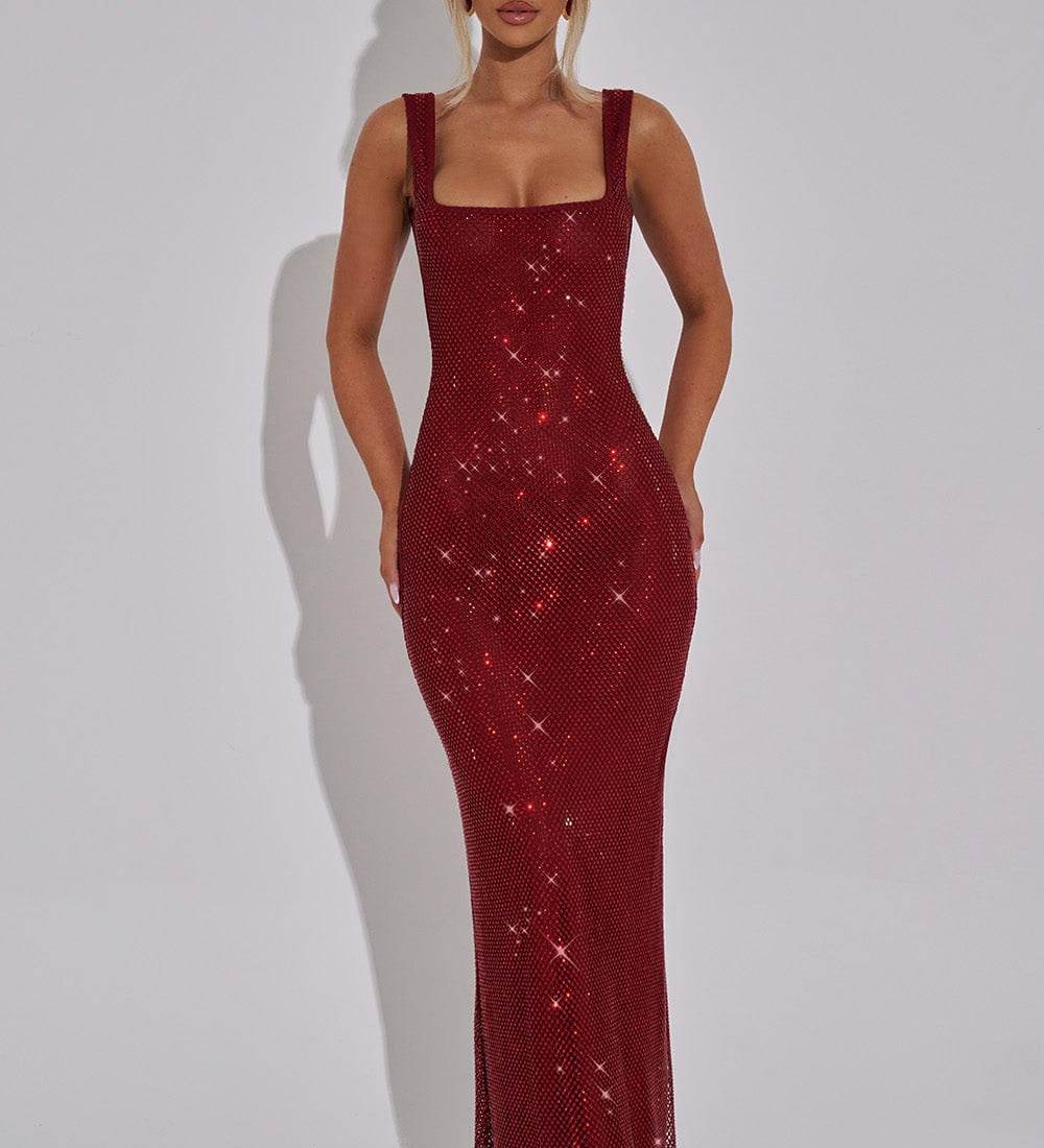 Sariel – Rochie Maxi Strălucitoare Bodycon cu Decolteu Pătrat