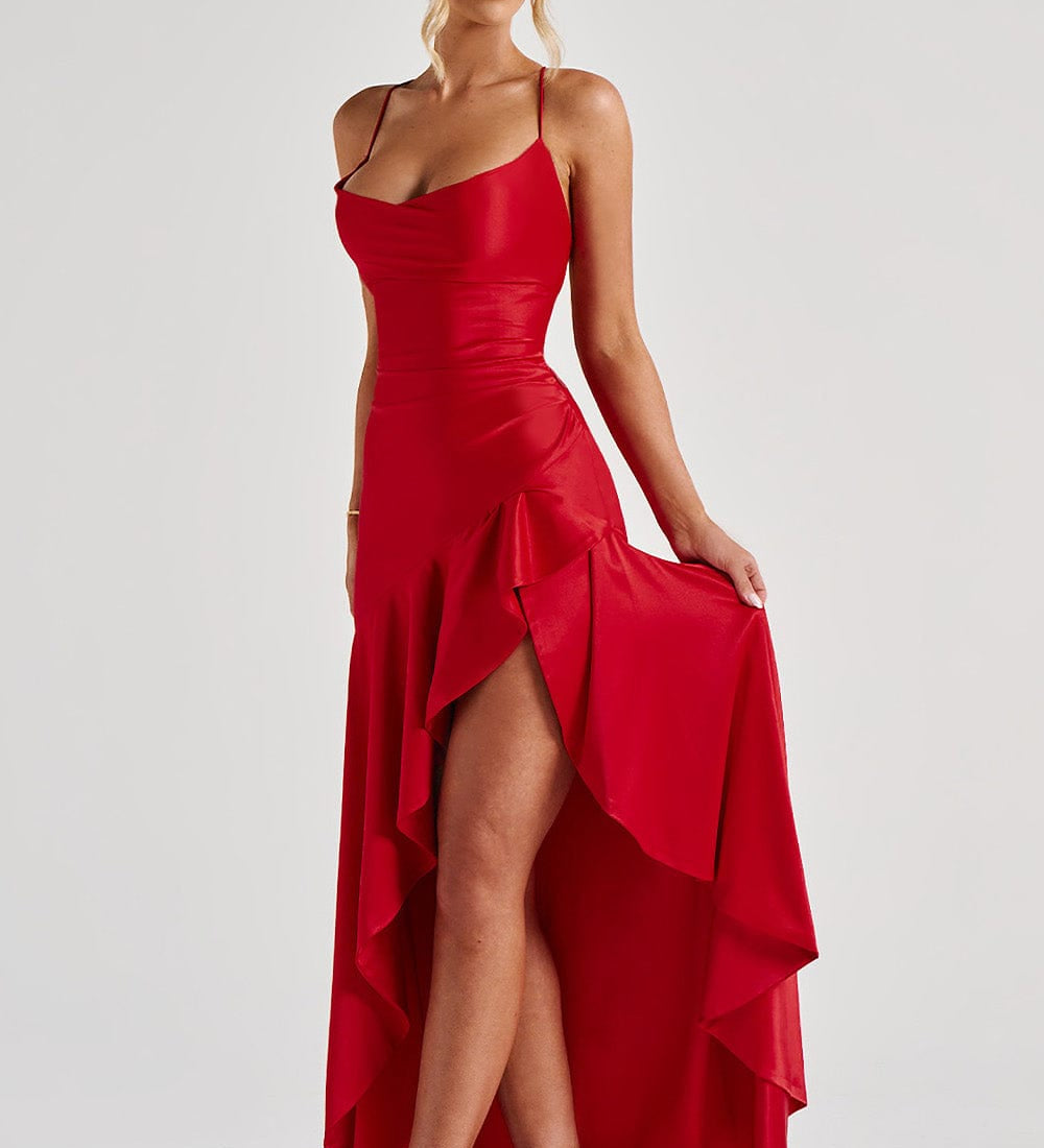 Seraphine – Rochie Maxi Damă Elegantă cu Tiv High-Low și Fanta